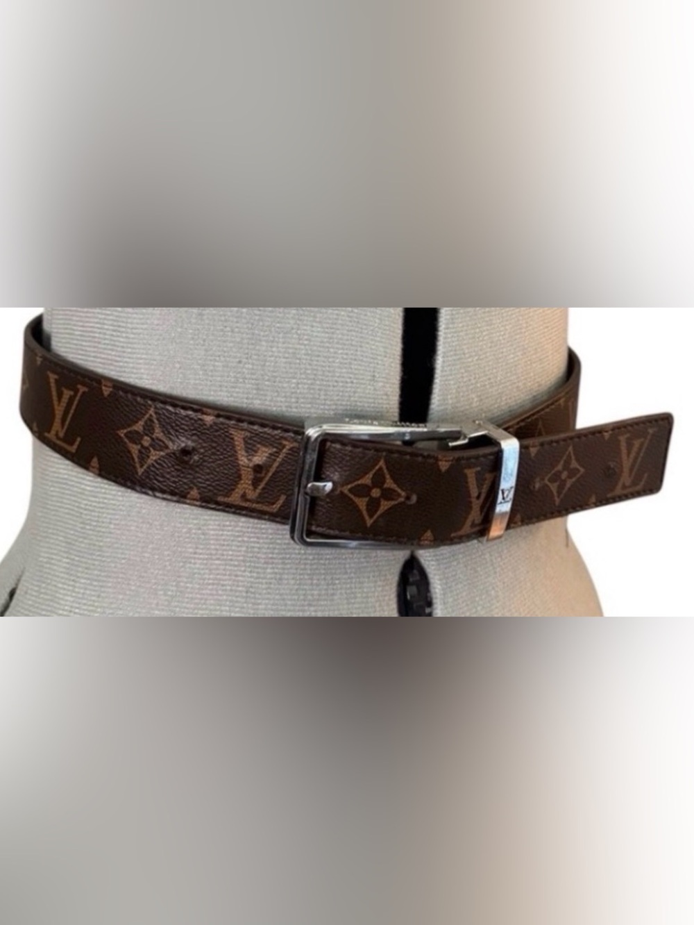 Louis Vuitton Brown Monogram Belt with Silver Logo Buckle.
